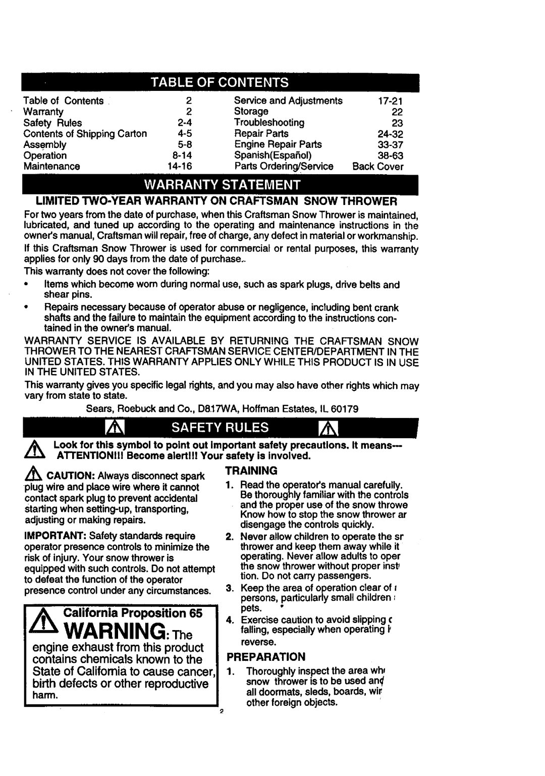 Craftsman 536.88614 manual WARNING: Tho, California Proposition, Training, Preparation 
