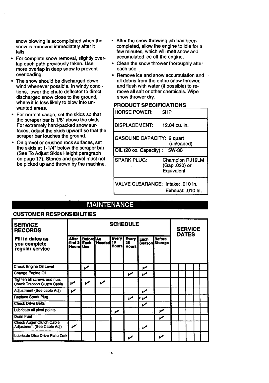 Craftsman 536.88614 manual Customer Responsibilities Service Schedule Records Dates, Park Plug, RJ19LM, Rii 