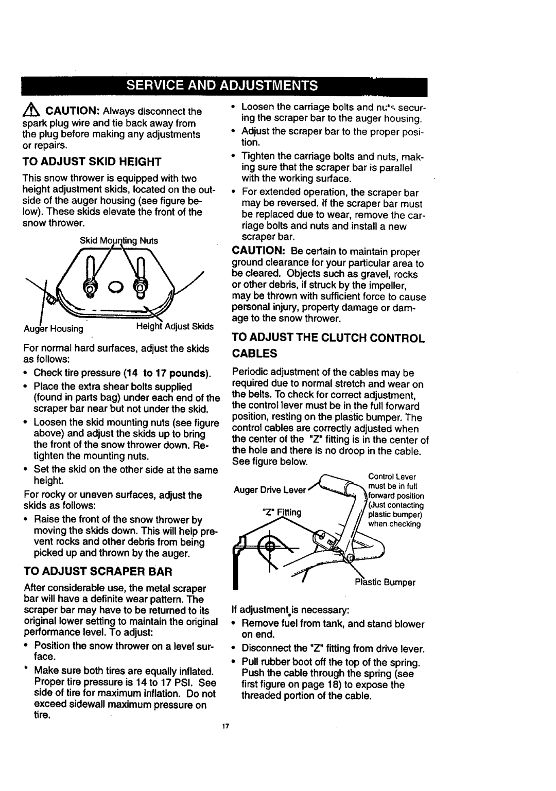 Craftsman 536.88614 manual To Adjust Skid Height, To Adjust the Clutch Control Cables, To Adjust Scraper BAR 