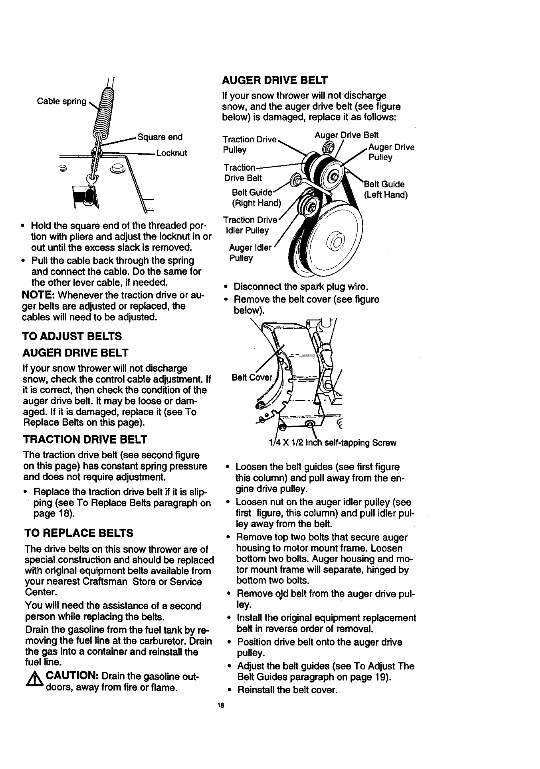 Craftsman 536.88614 manual To Adjust Belts Auger Drive Belt, Traction Drive Belt, To Replace Belts 