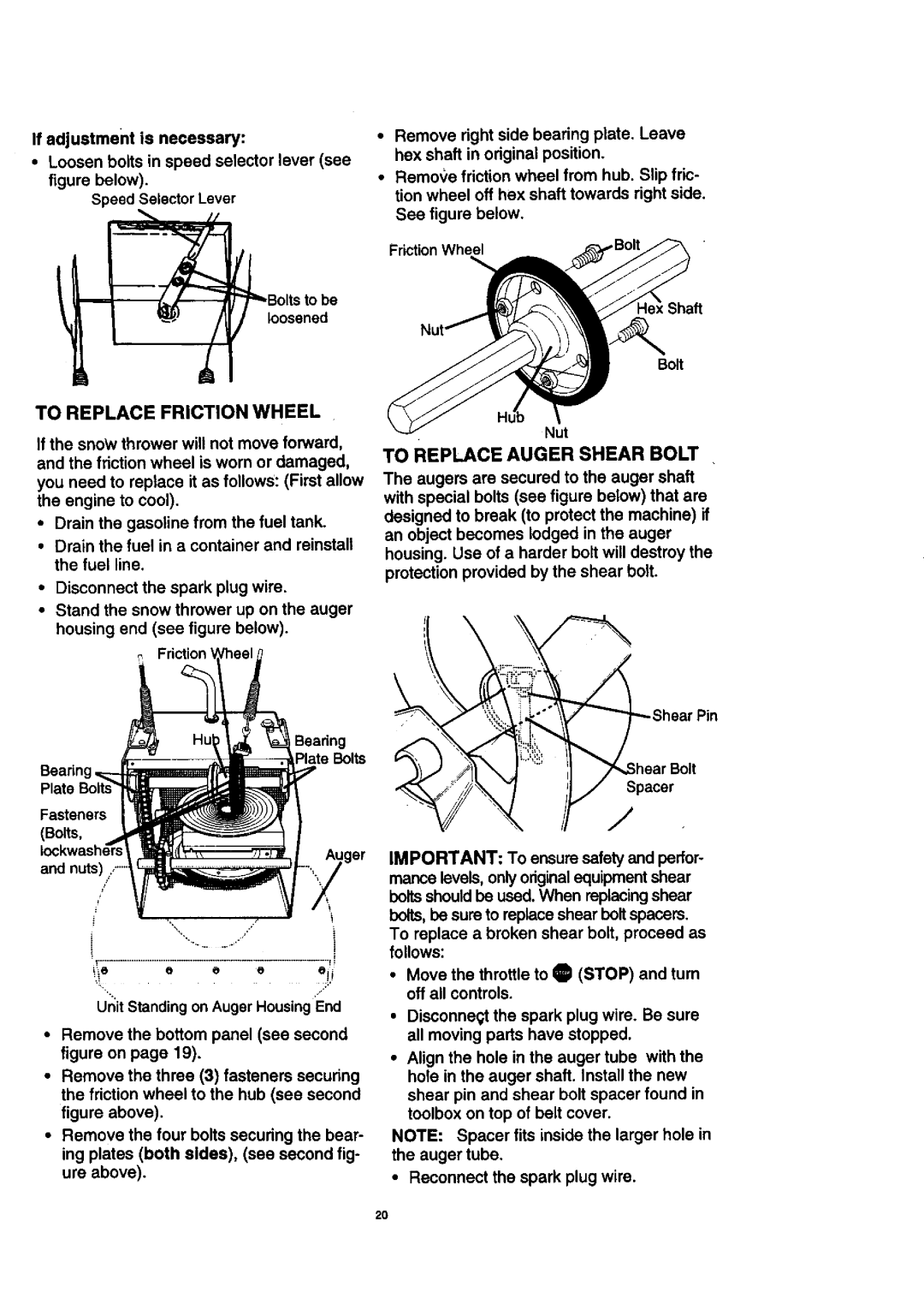 Craftsman 536.88614 manual To Replace Friction Wheel, To Replace Auger Shear Bolt 