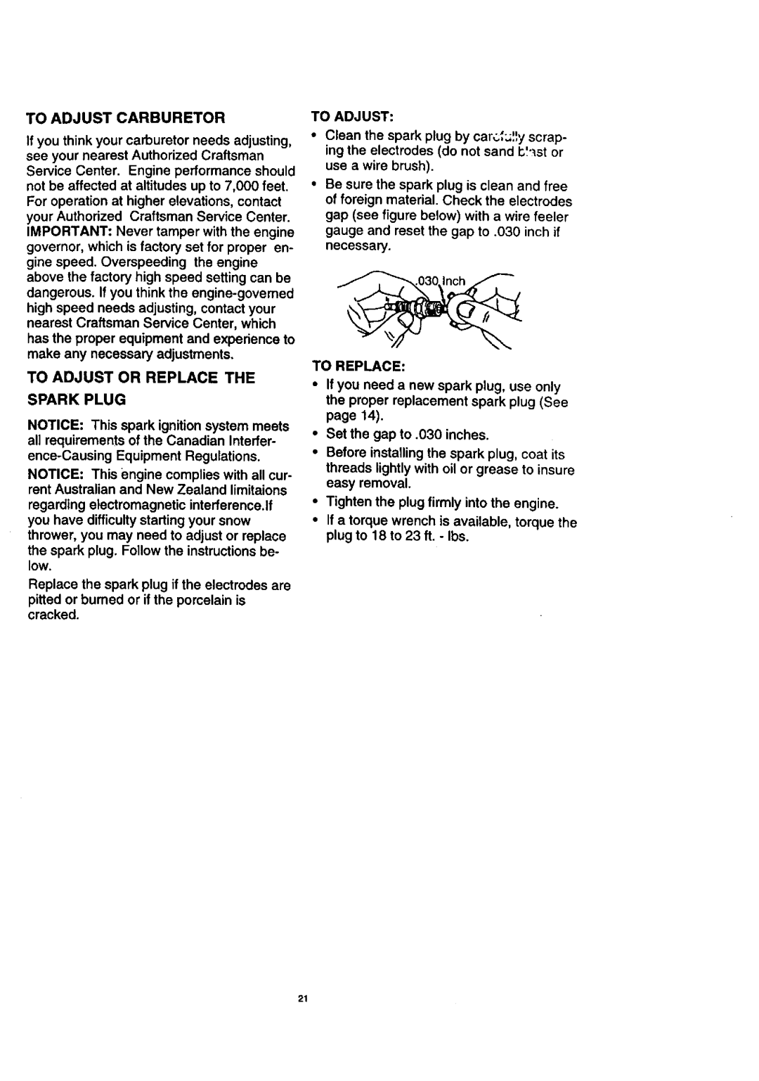 Craftsman 536.88614 manual To Adjustcarburetor, To Adjust or Replace Spark Plug, To Replace 