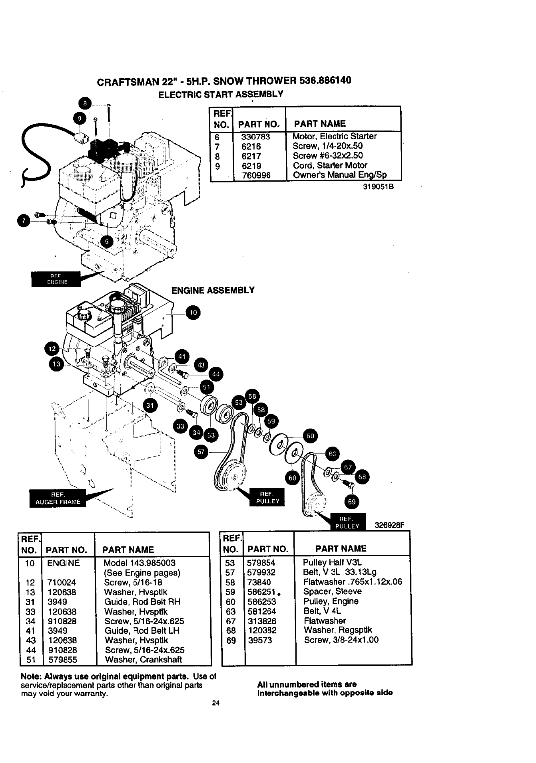 Craftsman 536.88614 manual Electric Start Assembly Part Name, Screw #6-32x2.50, Engine Assembly Artno Partname Part Name 