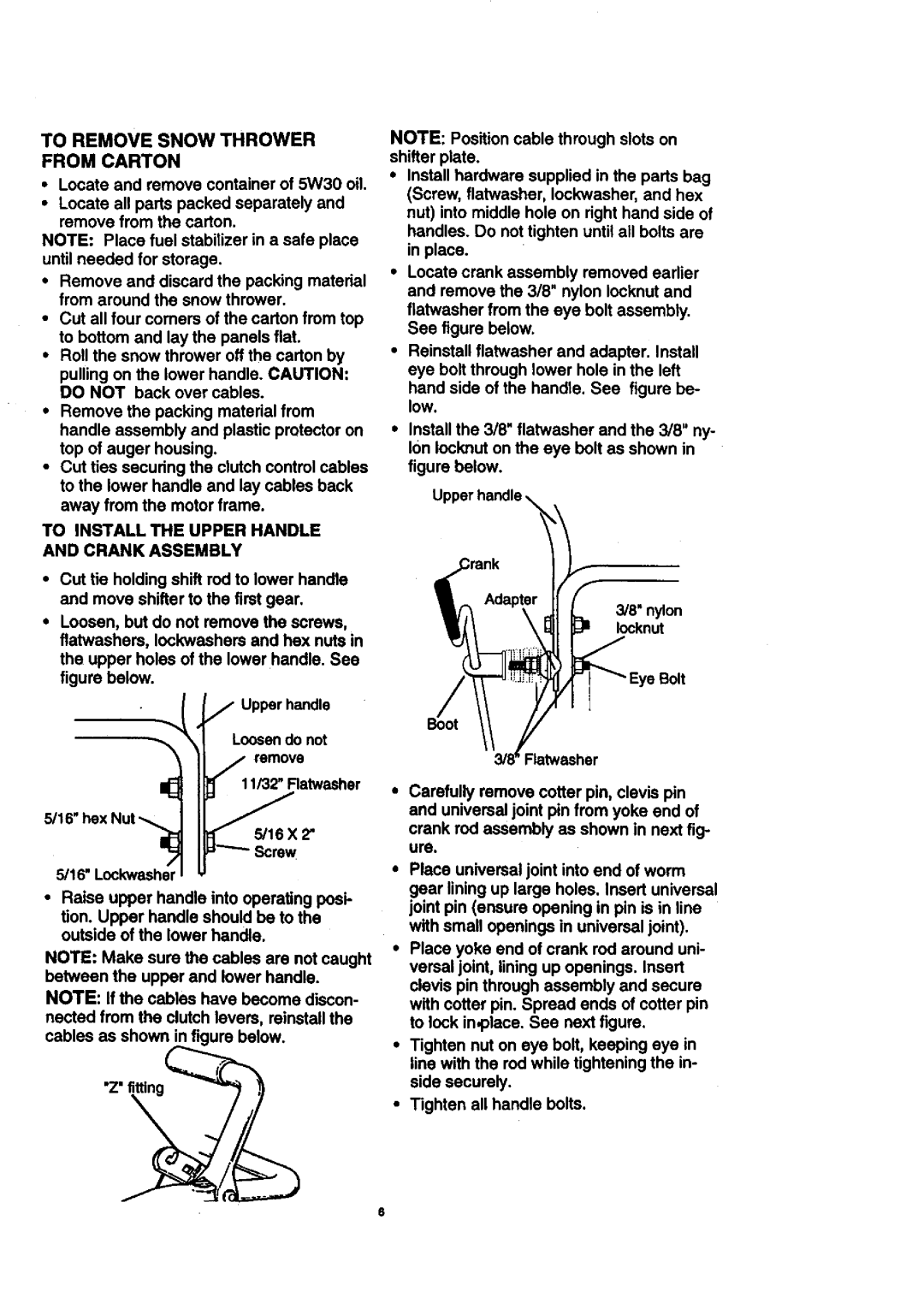 Craftsman 536.88614 manual To Remove Snow Thrower from Carton, To Install the Upper Handle and Crank Assembly, 16 X 