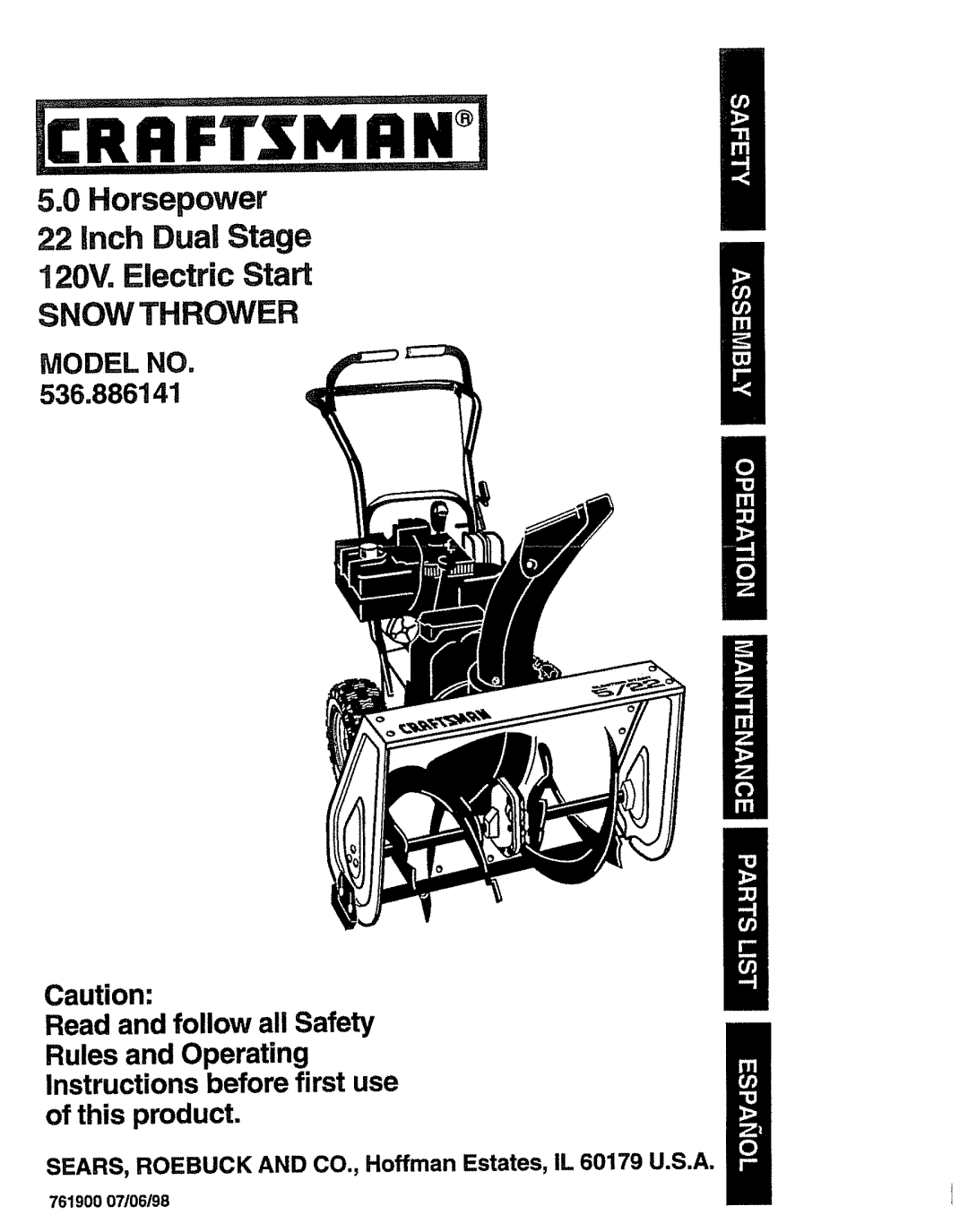 Craftsman 536.886141 manual Snow Thrower 