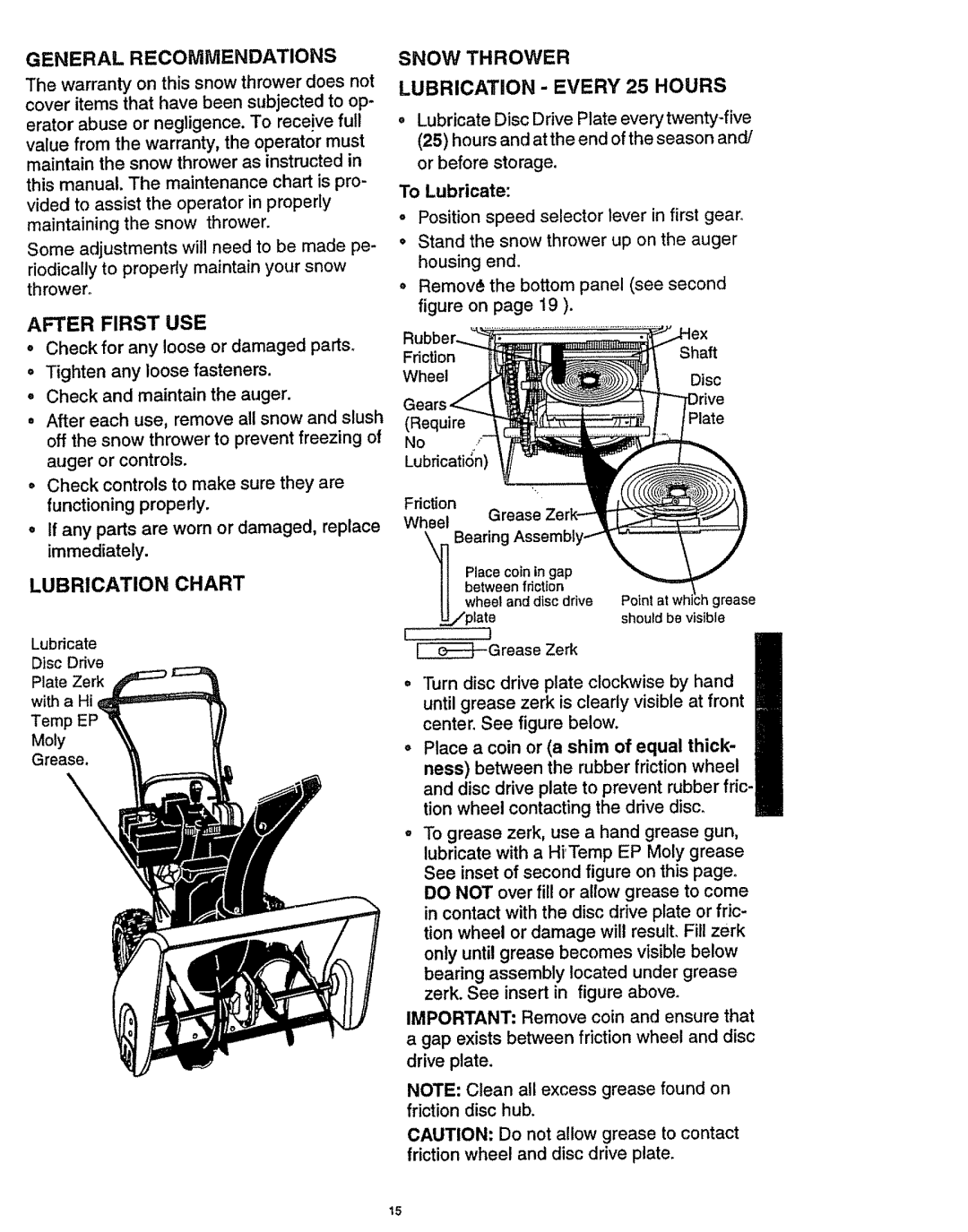 Craftsman 536.886141 Lubrication Chart, Snow Thrower Lubrication Every 25 Hours, General Recommendations, After First USE 