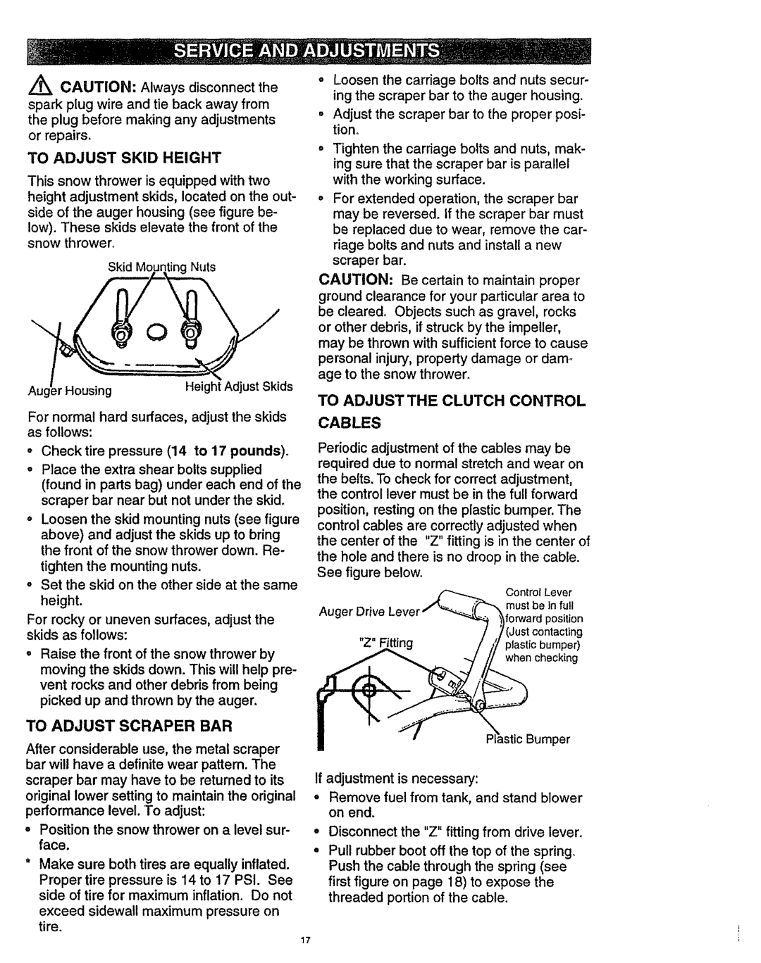 Craftsman 536.886141 manual To Adjust Skid Height, To Adjust the Clutch Control Cables, To Adjust Scraper BAR 