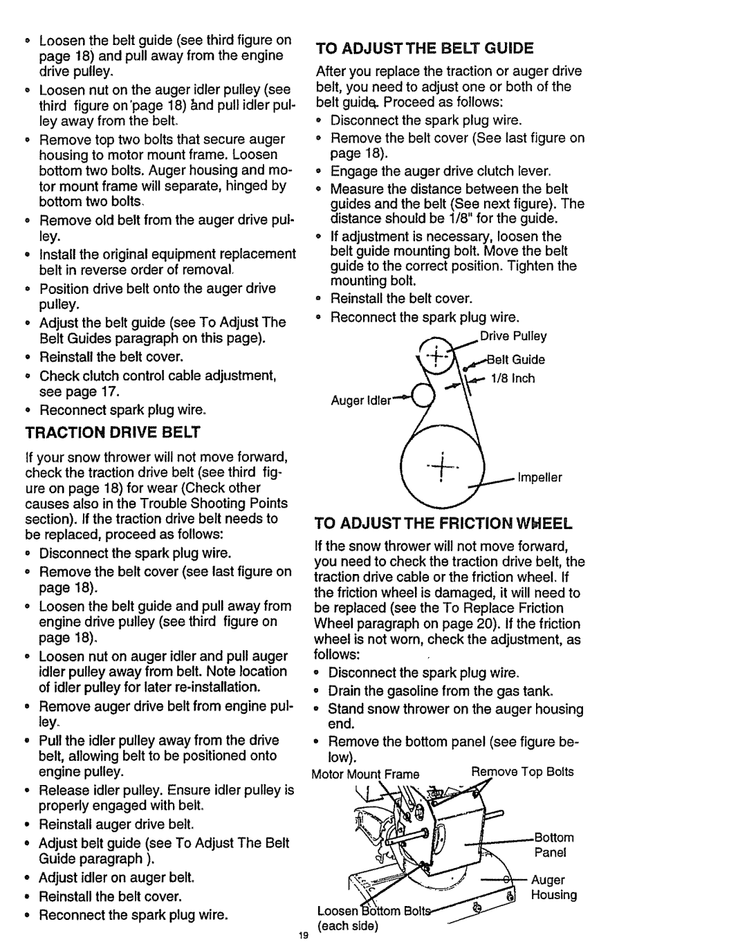 Craftsman 536.886141 manual To Adjustthe Belt Guide, To Adjustthe Friction WblEEL, Disconnect the spark plug wire 