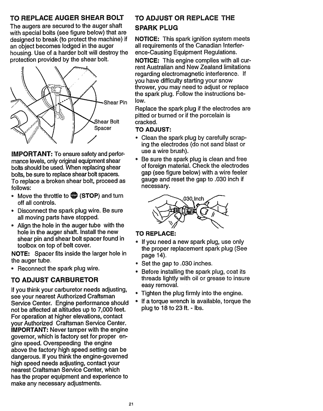 Craftsman 536.886141 manual To Adjust Carburetor, To Adjust or Replace Spark Plug, Protection provided by the shear bolt 