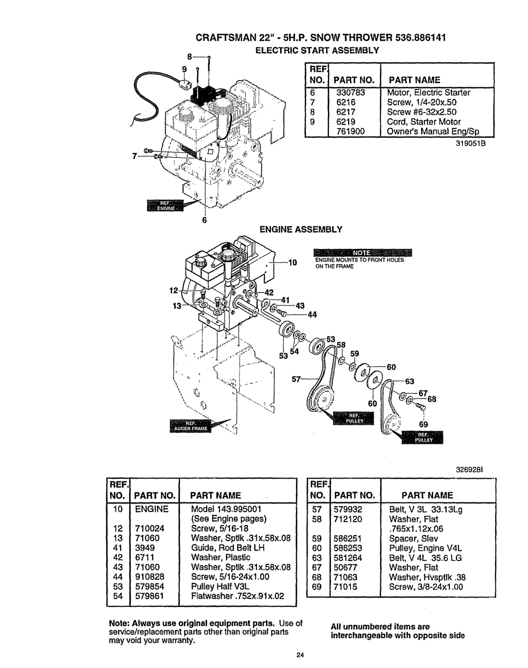 Craftsman 536.886141 manual Electric Start Assembly NO. Part no Engine, Part NO. Part Name 