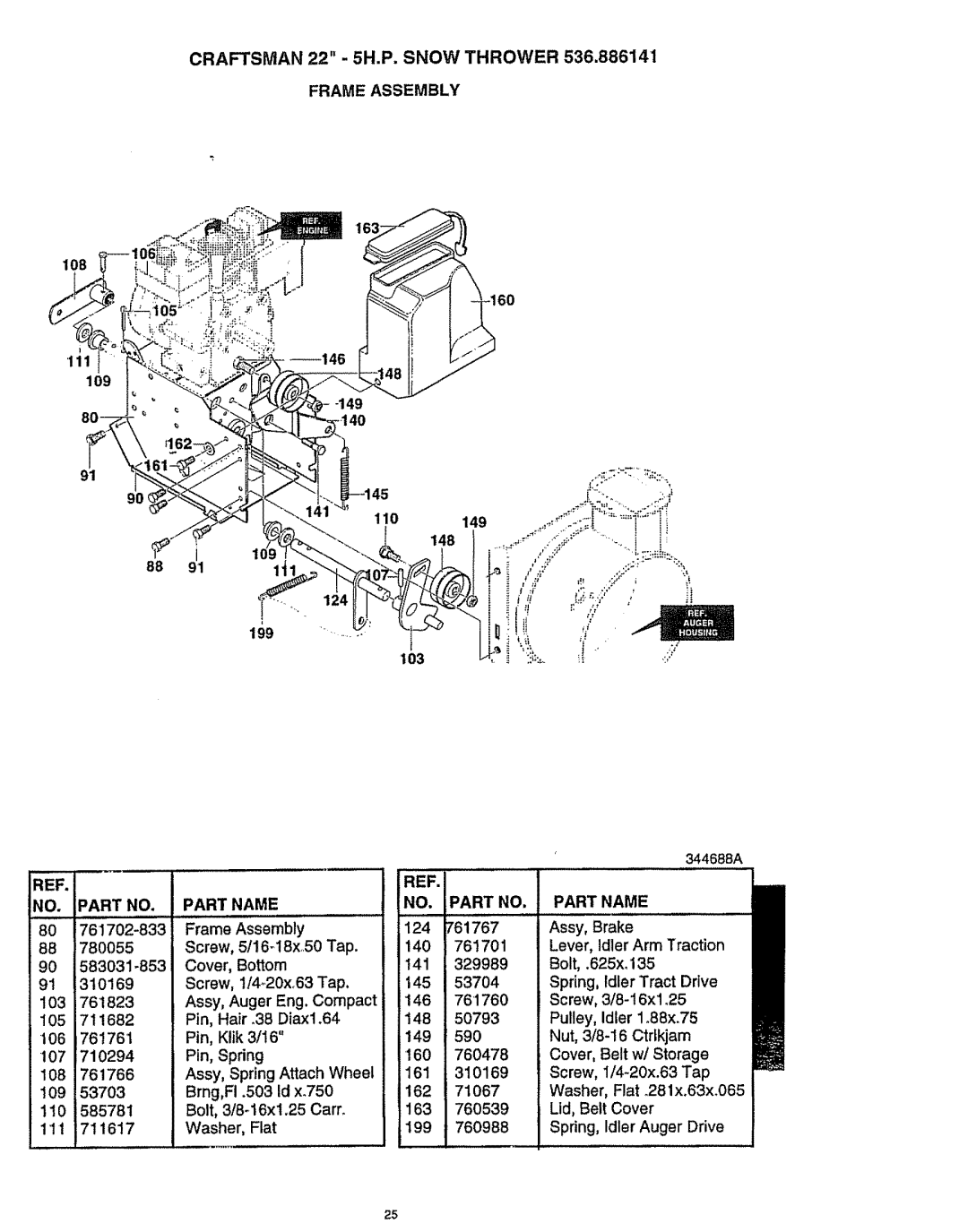 Craftsman 536.886141 manual Craftsman 22 5H.P. Snow Thrower, Frame Assembly, Iref Partname 