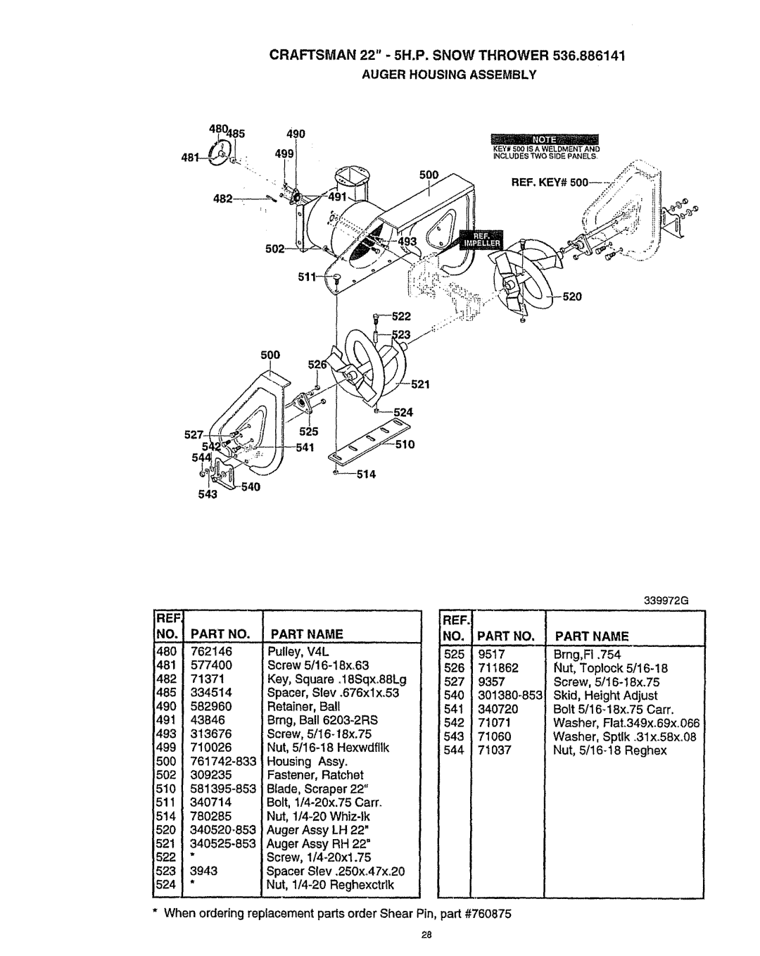 Craftsman 536.886141 manual Craftsman 22 5H.P, Snow Thrower, Auger Housing Assembly, 5OO, Part Name NO. Part no 