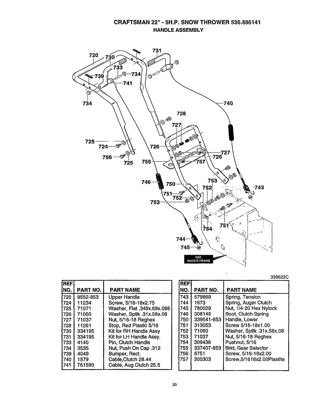 Craftsman manual Craftsman 22 5H.P. Snow Thrower 536.886141 Handle Assembly, 744, NO. Part no Part Name 