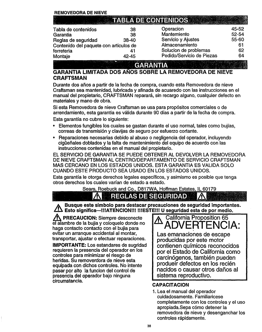 Craftsman 536.886141 manual Tabla de contenidos, Garantia, Servicio y Ajustes, ¢ircumstancia, CAPACITAClON 