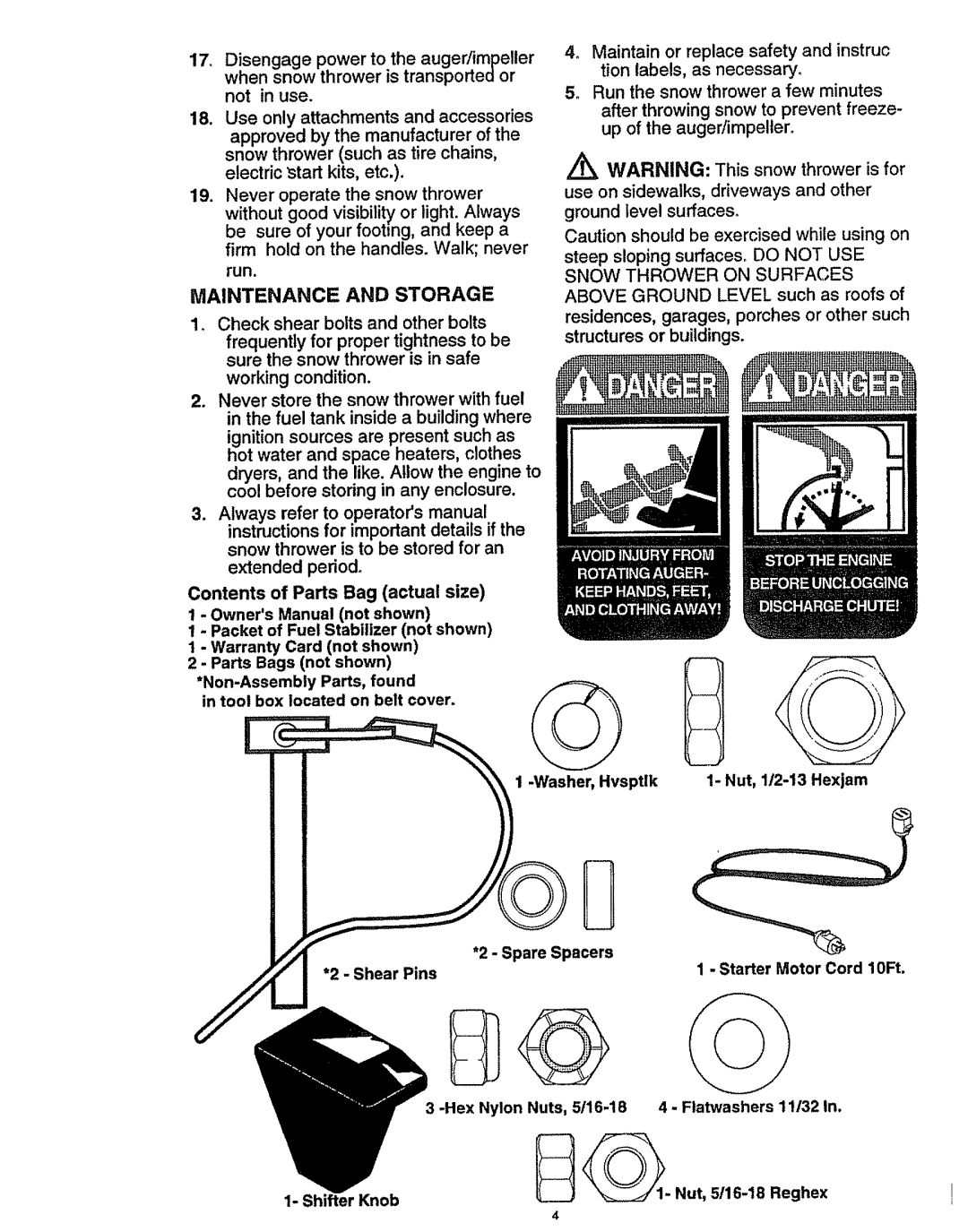 Craftsman 536.886141 manual Maintenance and Storage, Tool box located on belt cover, Starter Motor Cord 10Ft 