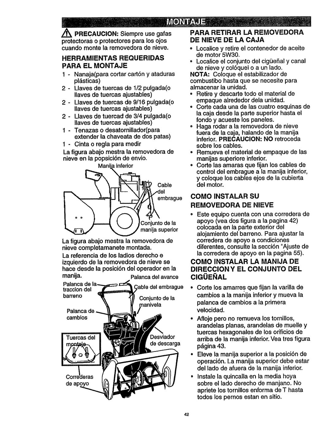 Craftsman 536.886141 manual Para Retirar LA Removedora, Como Instalar SU, Removedora DE Nieve 