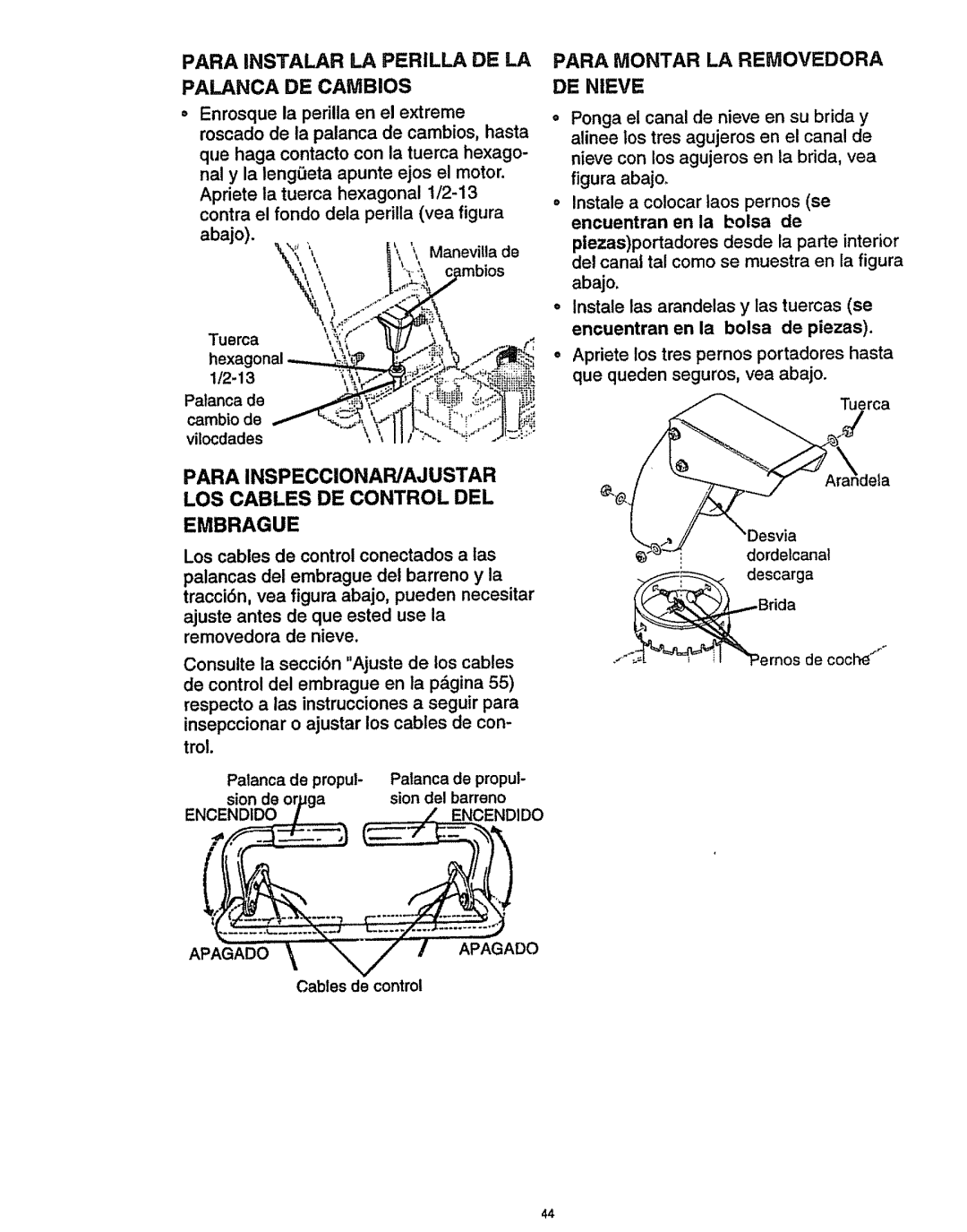 Craftsman 536.886141 manual Para Instalar LA Perilla DE LA Palanca DE Cambios, Para Montar LA Removedora, Encendido 