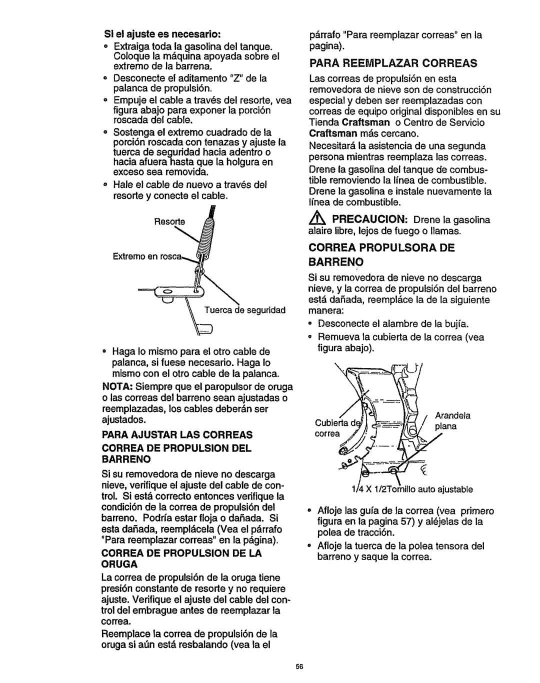 Craftsman 536.886141 manual Para Reemplazar Correas, Correa Propulsora DE, Correa DE Propulsion DE LA Oruga 
