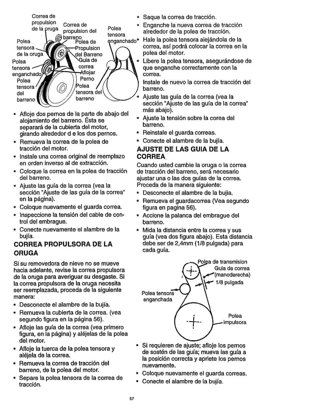 Craftsman 536.886141 manual Oruga, Ajuste DE LAS Guia DE LA Correa, Poade transmision Guta de correa, Polea tensora 