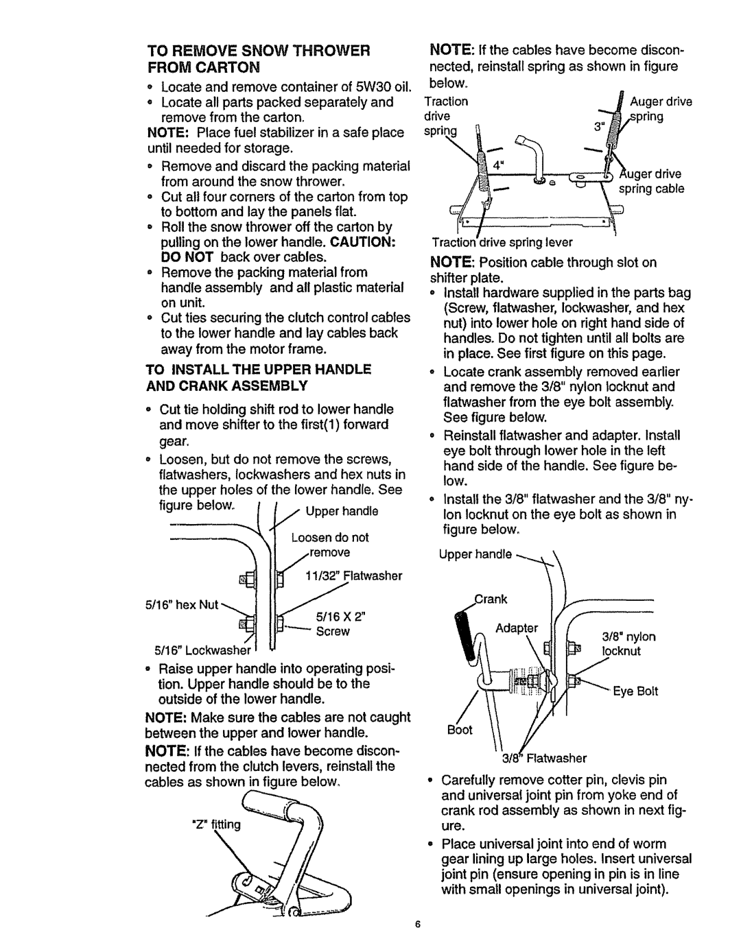 Craftsman 536.886141 manual To Remove Snow Thrower from Carton, To Install the Upper Handle and Crank Assembly 