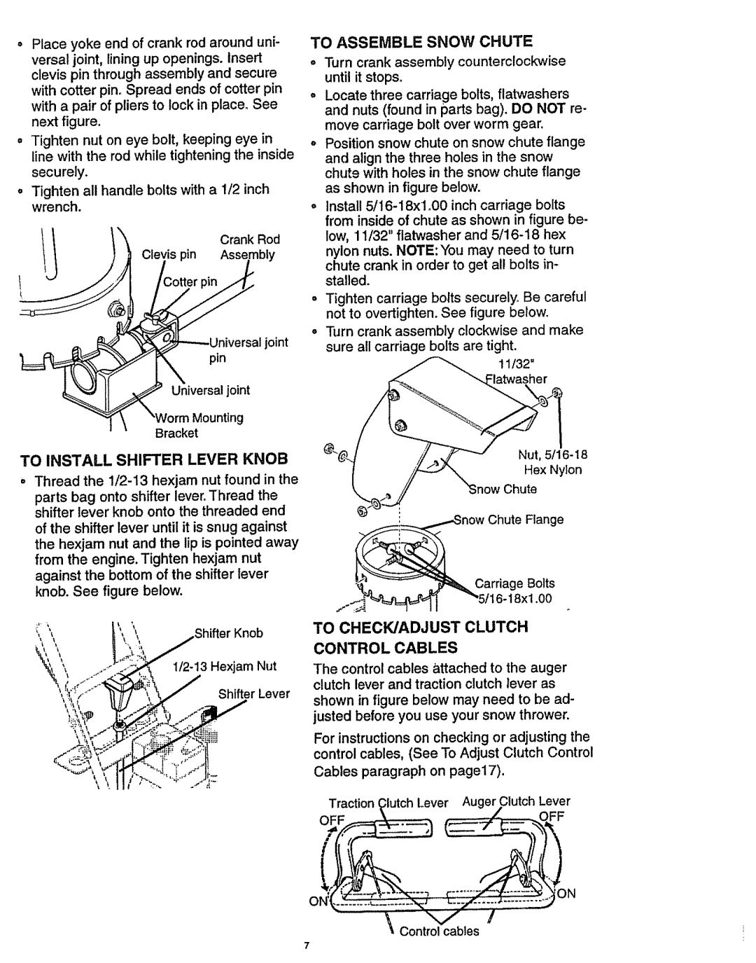 Craftsman 536.886141 manual To Assemble Snow Chute, To Install Shifter Lever Knob, Control Cables 