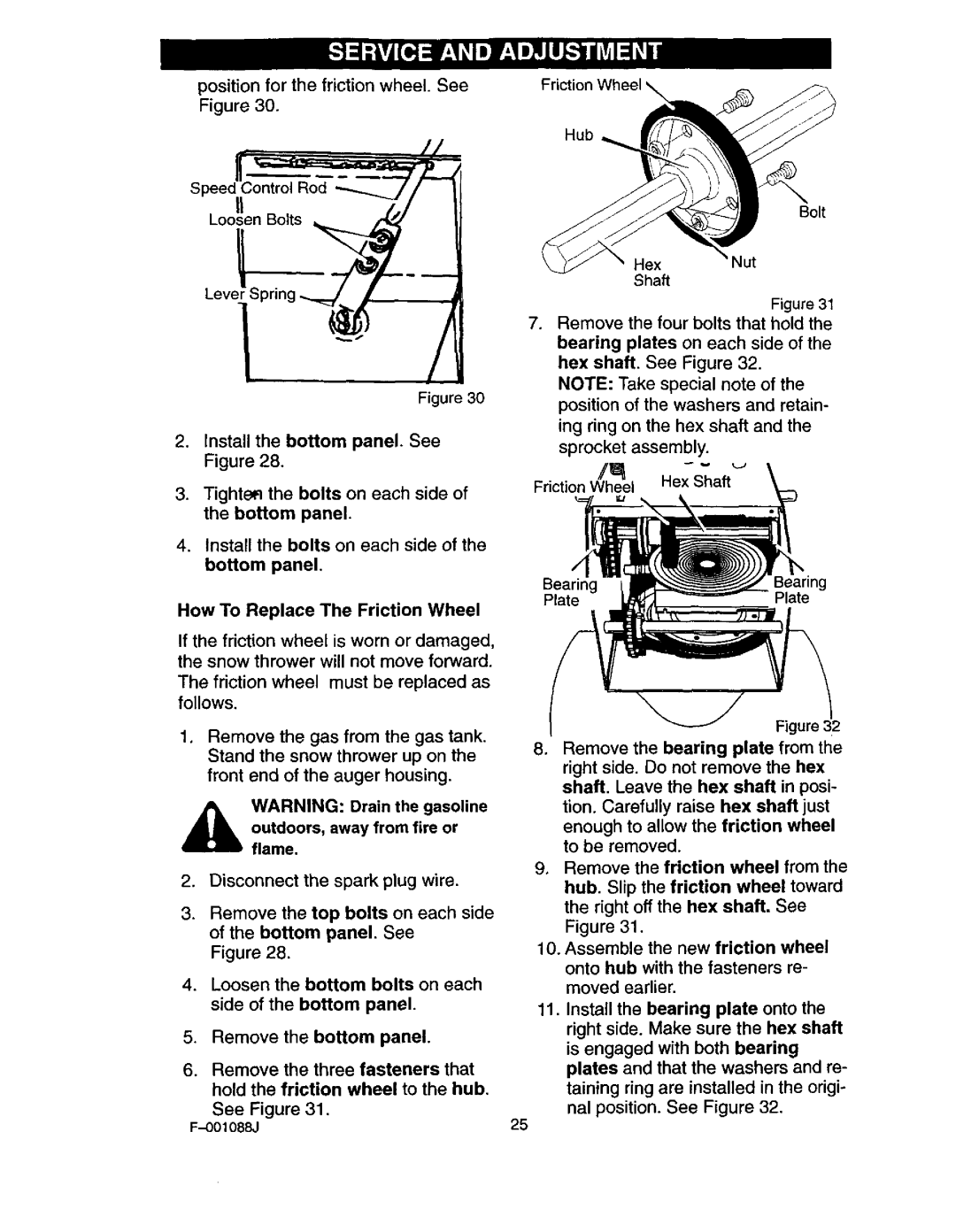 Craftsman 536.88626 operating instructions How To Replace The Friction Wheel, Outdoors, away from fire or 