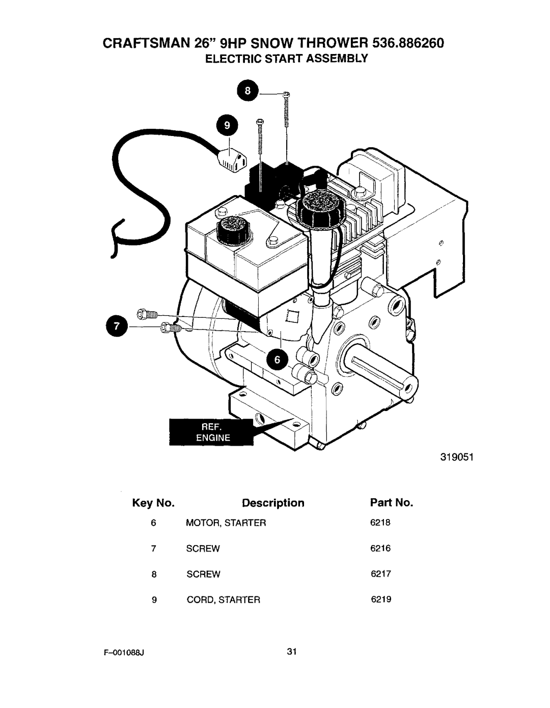 Craftsman 536.88626 operating instructions Electric Start Assembly, Motor Starter, Screw 