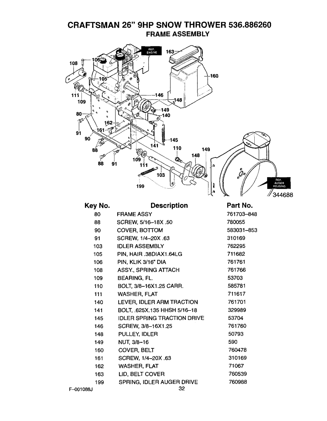 Craftsman 536.88626 operating instructions Frame Assembly, Frame Assy 