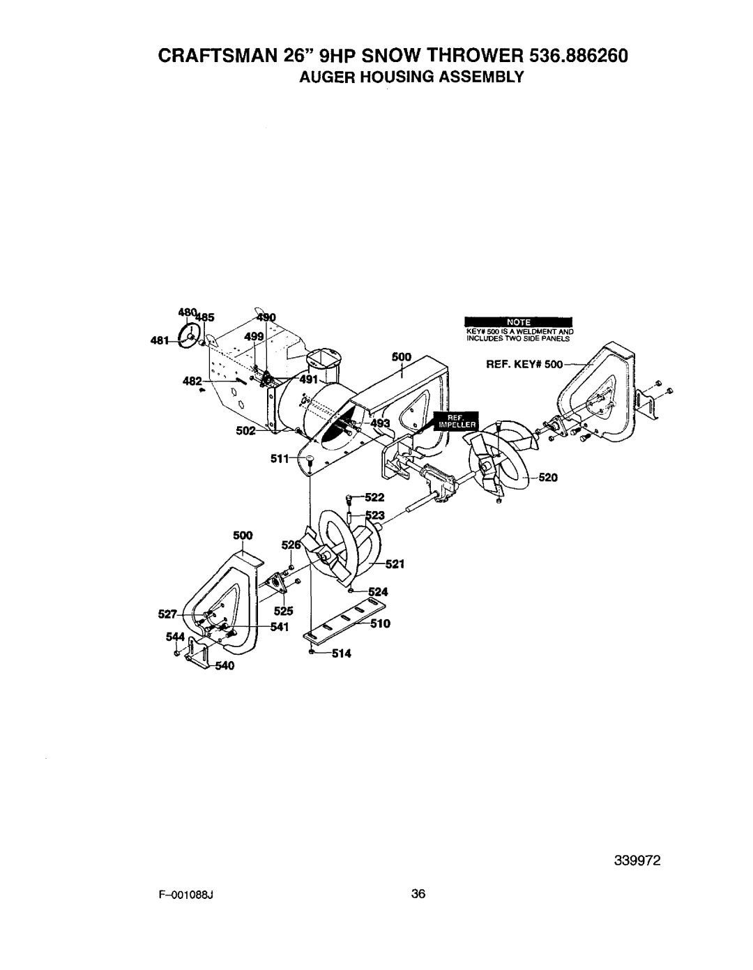 Craftsman 536.88626 operating instructions Auger Housing Assembly, 500, 5OO, 544 