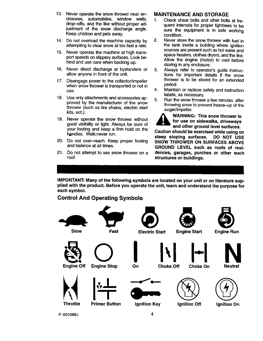 Craftsman 536.88626 operating instructions Maintenance and Storage, Slow Fast Electric Start Engine Start Engine Run 