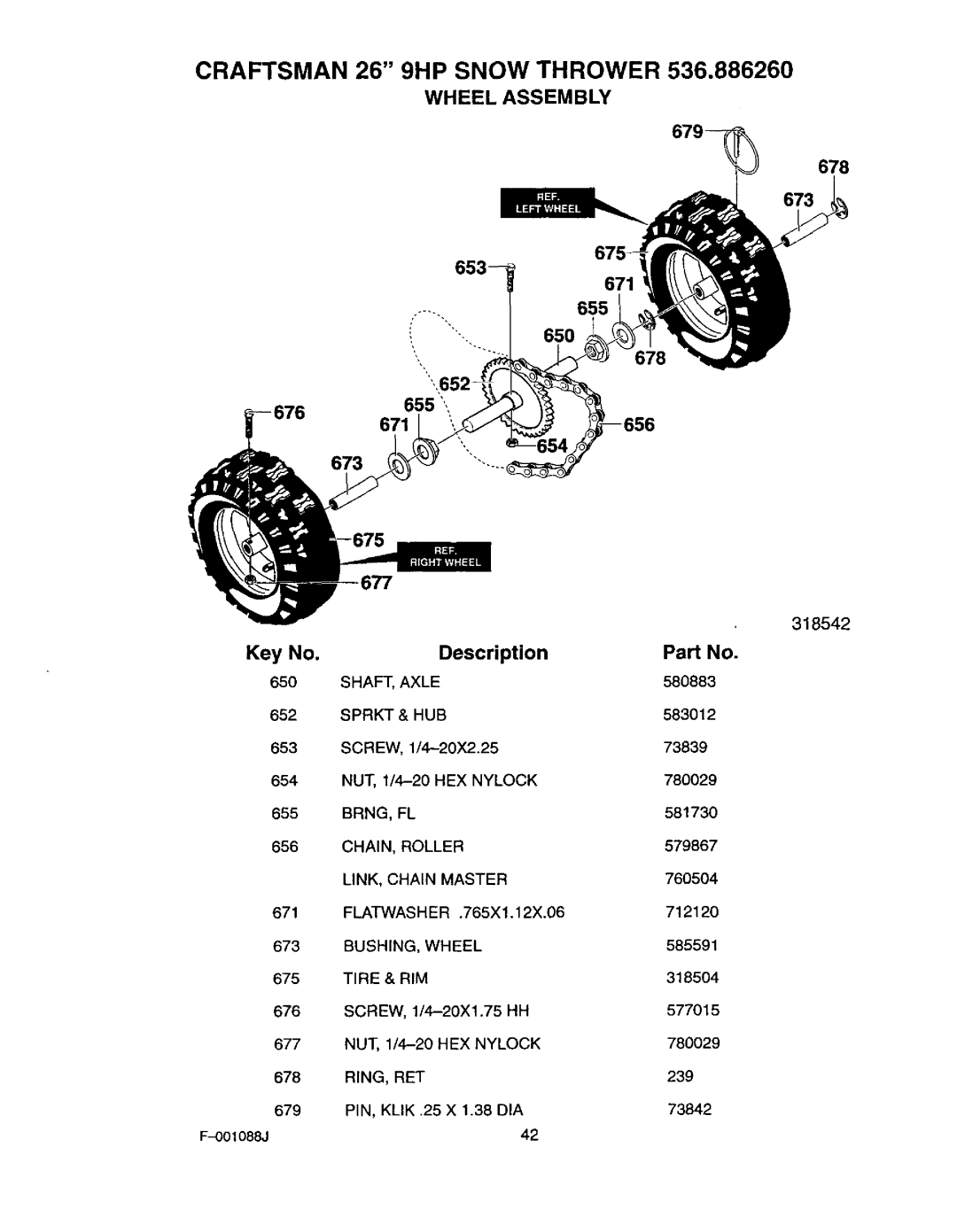 Craftsman 536.88626 operating instructions Wheel Assembly, 678 673 