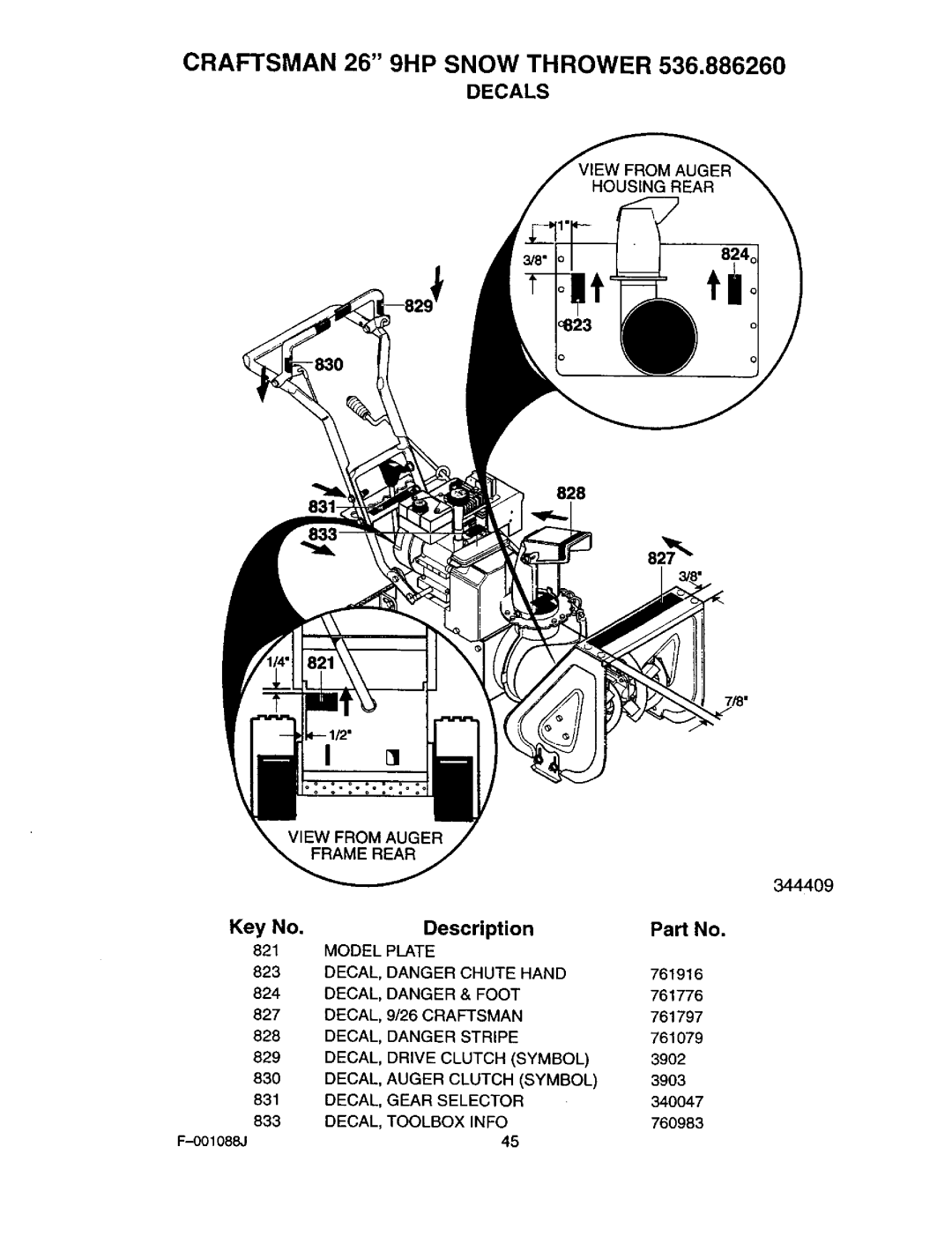 Craftsman 536.88626 operating instructions Decals, 828 831, 824, View from Auger 