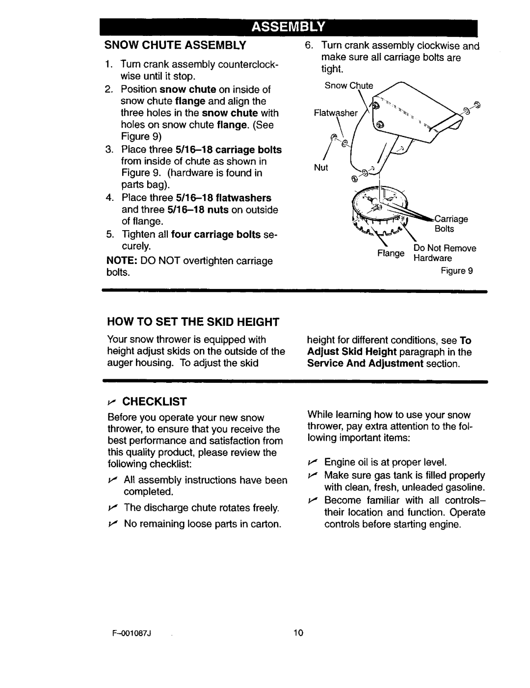 Craftsman 536.88644 Snow Chute Assembly, Checklist, HOW to SET the Skid Height, Service And Adjustment section, 001087J10 