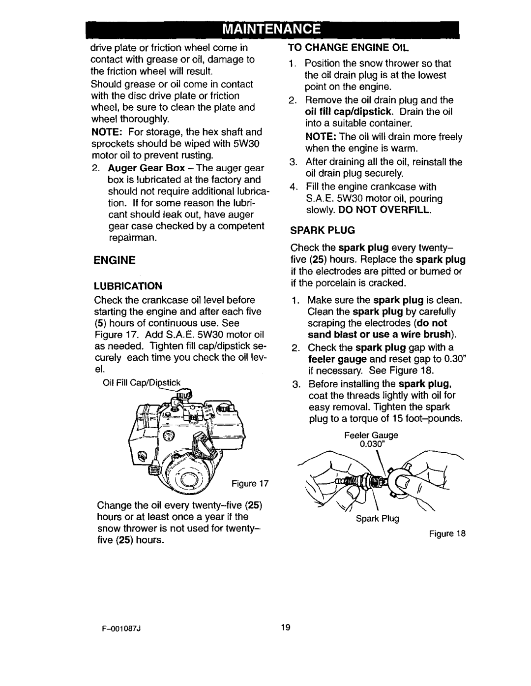 Craftsman 536.88644 manual Lubrication, To Change Engine OIL, Spark Plug, 001087J19 