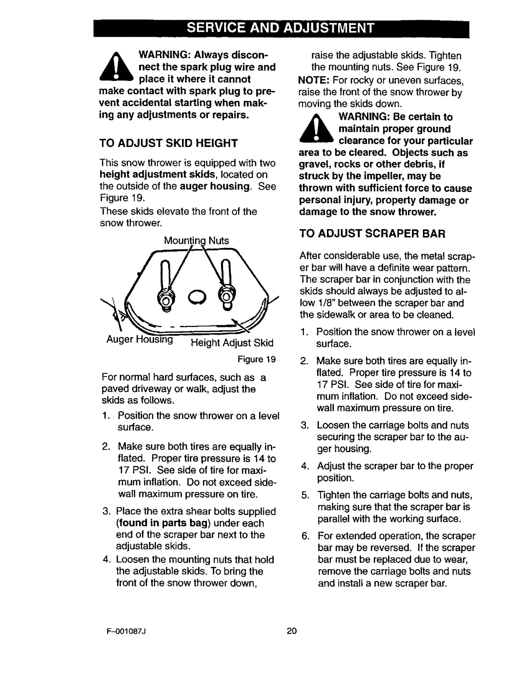 Craftsman 536.88644 manual To Adjust Skid Height, To Adjust Scraper BAR 