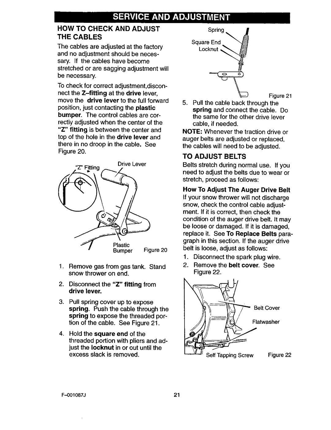 Craftsman 536.88644 manual HOW to Check and Adjust Cables, To Adjust Belts, Drive Lever 