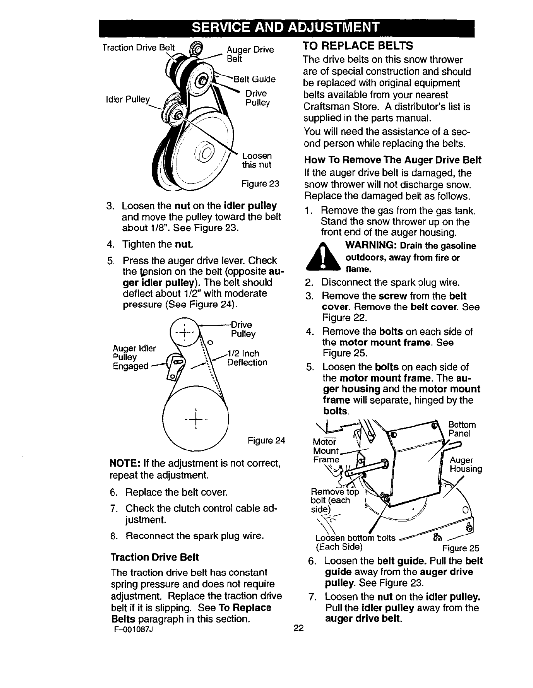 Craftsman 536.88644 manual To Replace Belts, Traction Drive Belt, How To Remove The Auger Drive Belt, Side/ % 