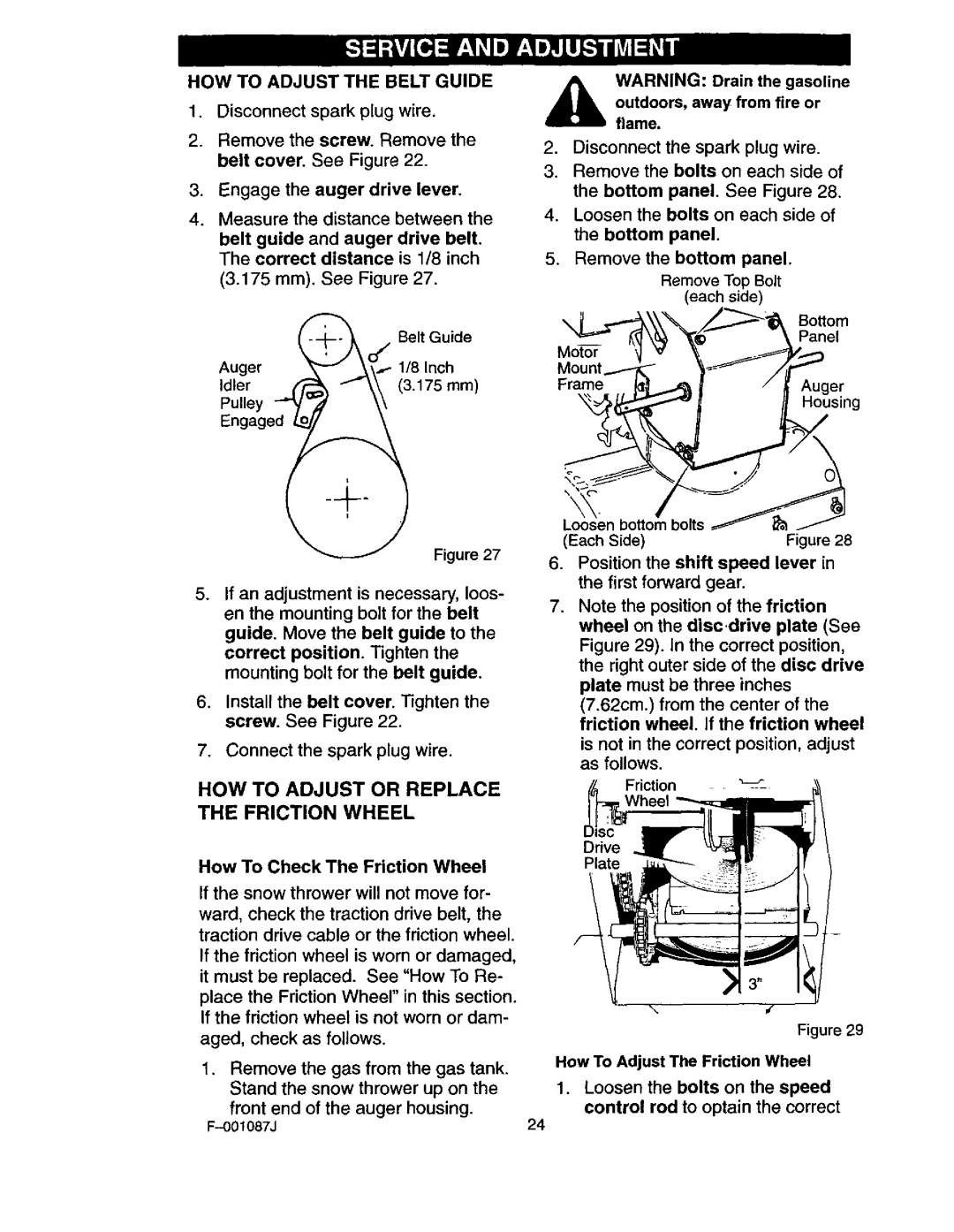 Craftsman 536.88644 HOW to Adjust or Replace the Friction Wheel, HOW to Adjust the Belt Guide, Remove Top Bolt each side 