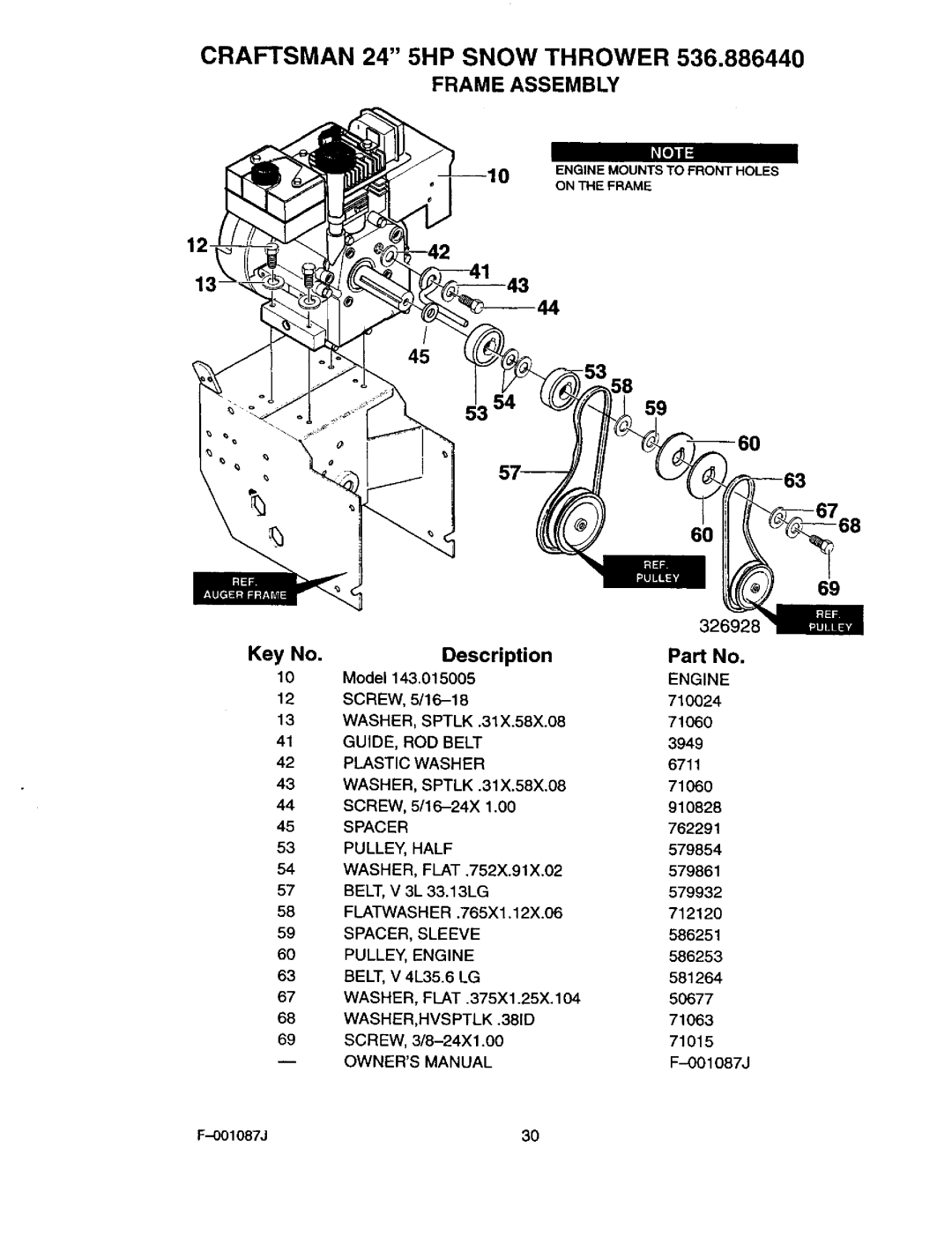 Craftsman 536.88644 manual Frame Assembly, Screw, Washer, 001087J30 