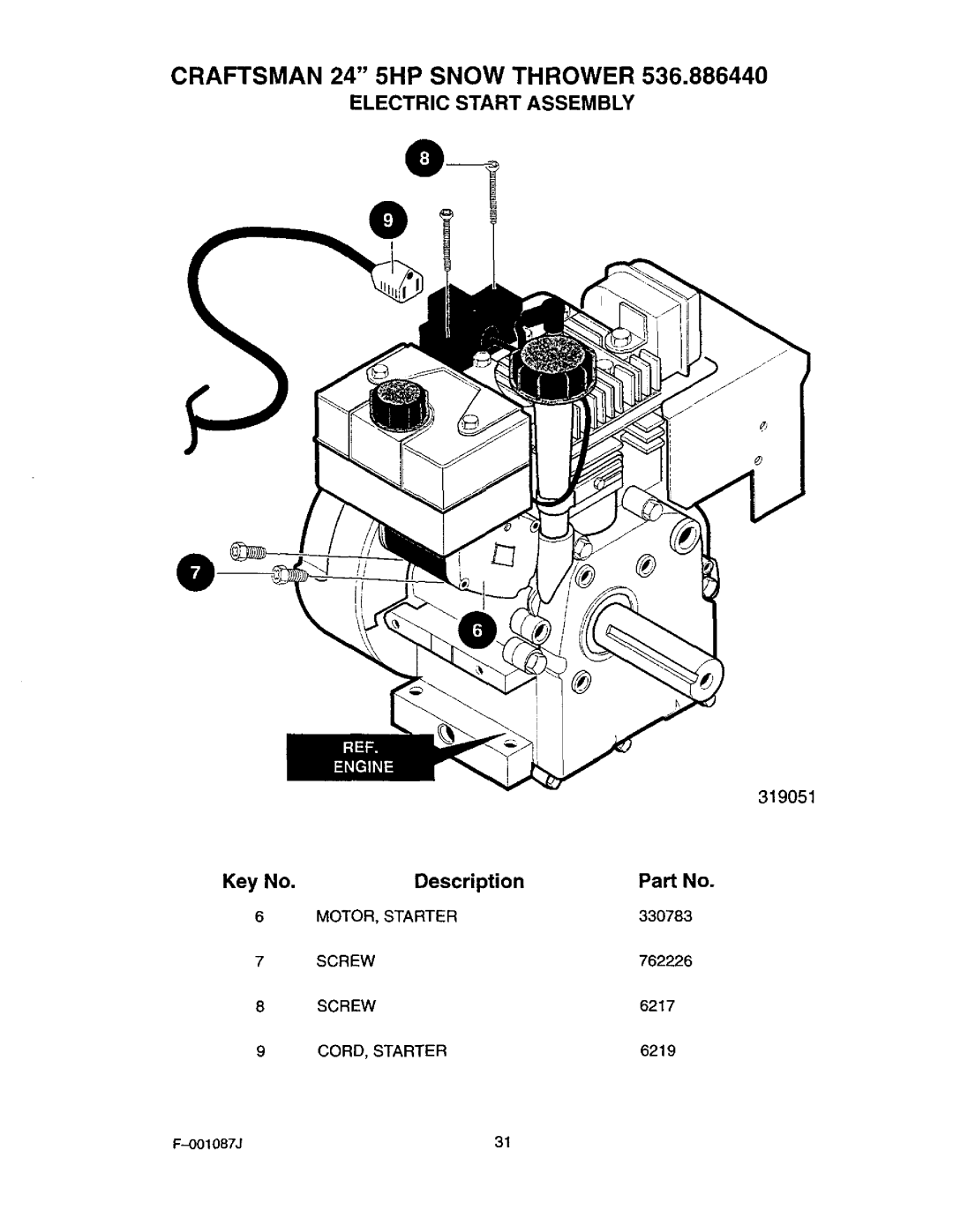 Craftsman 536.88644 manual Electric Start Assembly, Motor Starter 