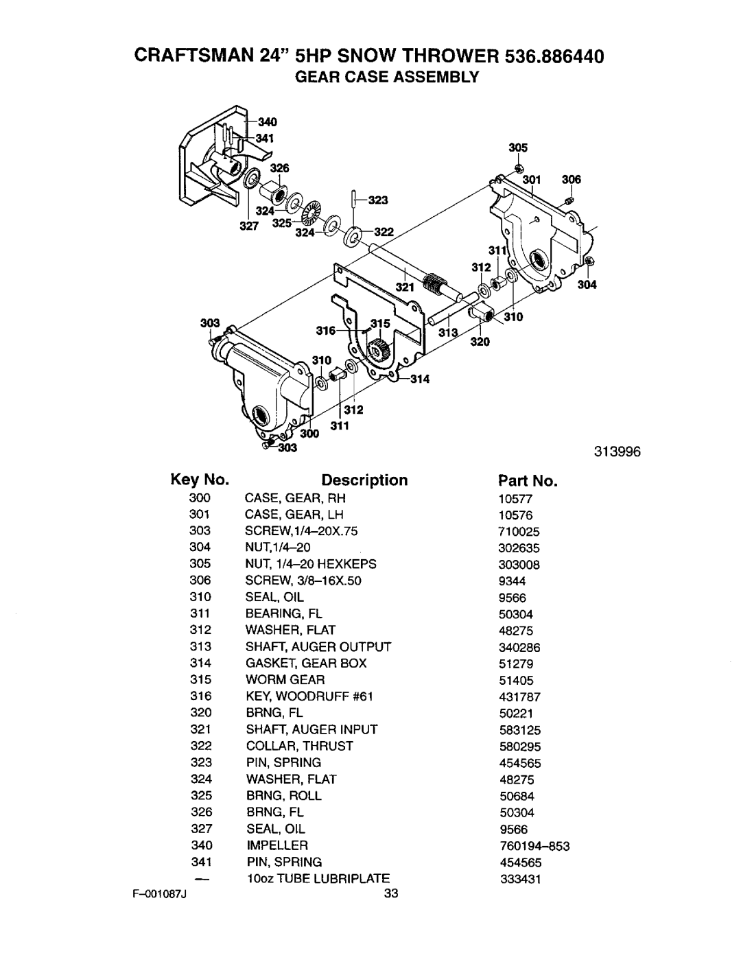 Craftsman 536.88644 manual Gear Case Assembly, Case Gear, Seal, Oil, Bearing, Washer Flat 