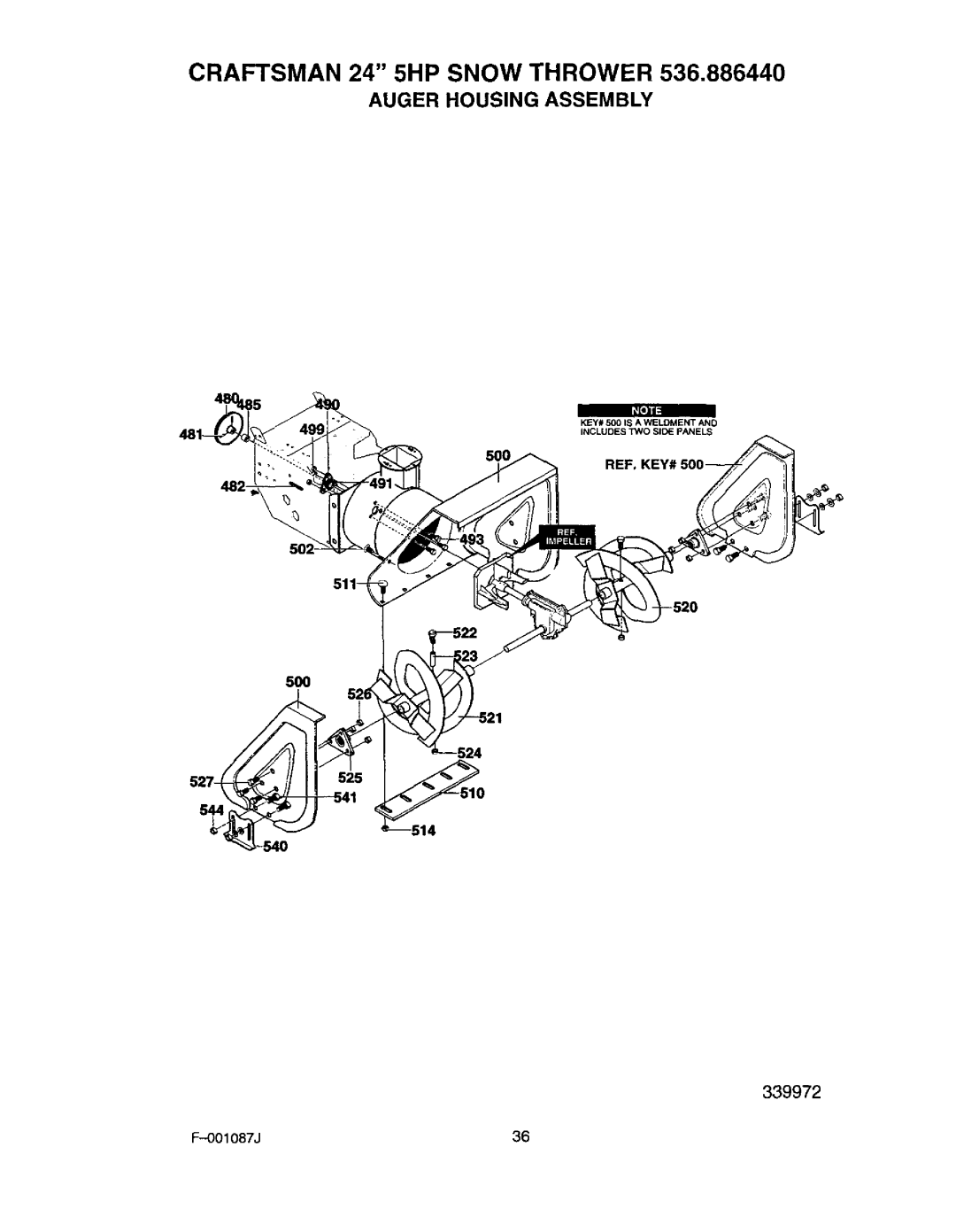 Craftsman 536.88644 manual Auger Housing Assembly, 5OO 