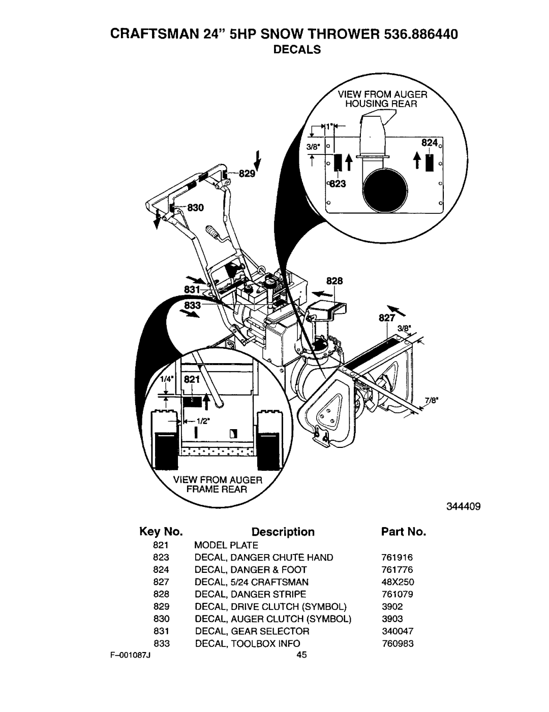 Craftsman 536.88644 Model Plate, Decal Chute Hand, Decal Foot, Decal Craftsman, Decal Stripe, Decal Drive Clutch Symbol 