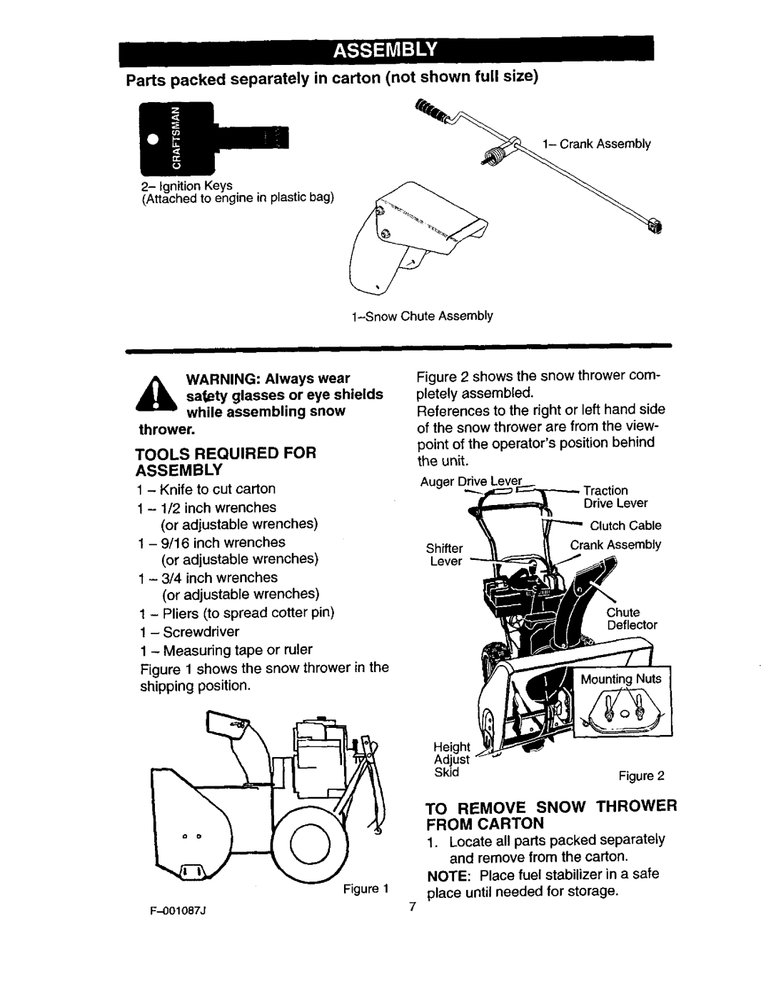 Craftsman 536.88644 manual Tools Required for Assembly, To Remove Snow Thrower From Carton 