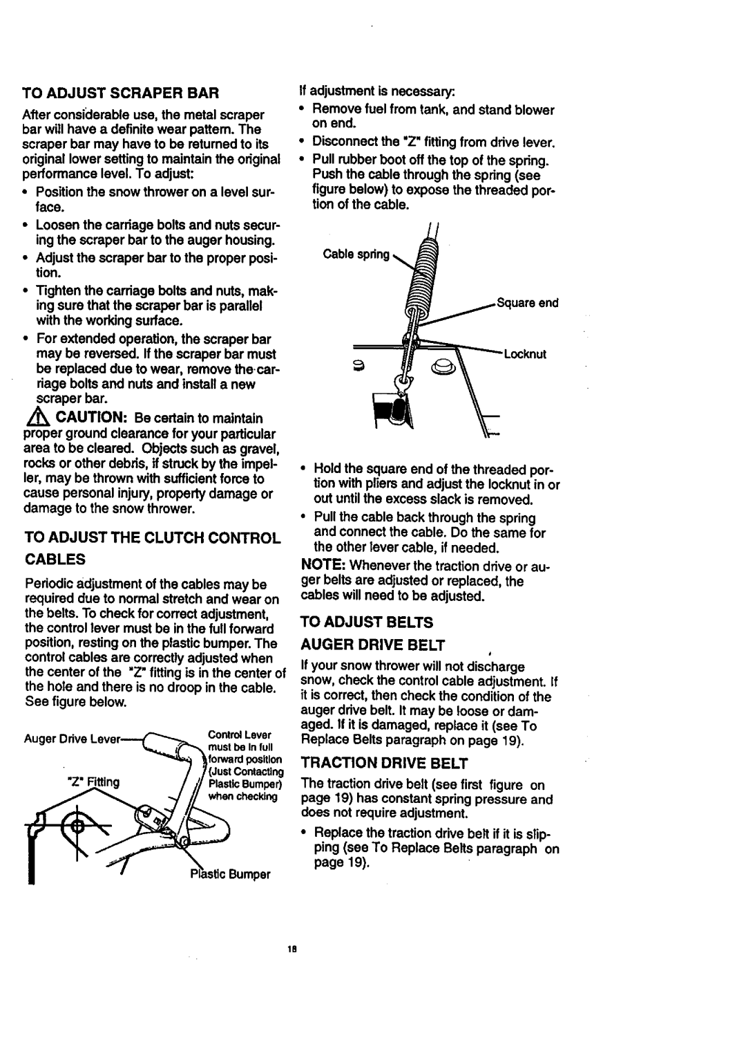 Craftsman 536.8884 manual To Adjust The Clutch Control Cables, To Adjust Scraper Bar, To Adjust Belts Auger Drive Belt 