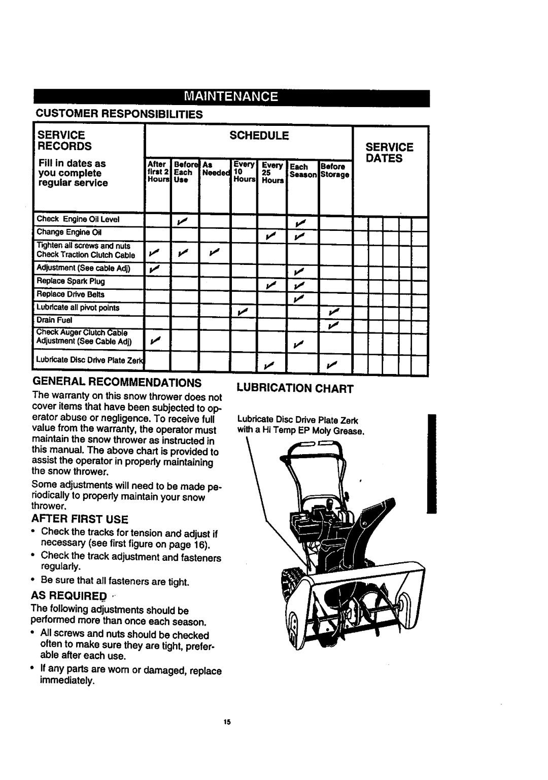 Craftsman 536.8884 manual Customer Responsibilities Serviceschedule Records, Service Dates, After First USE, AS Required 