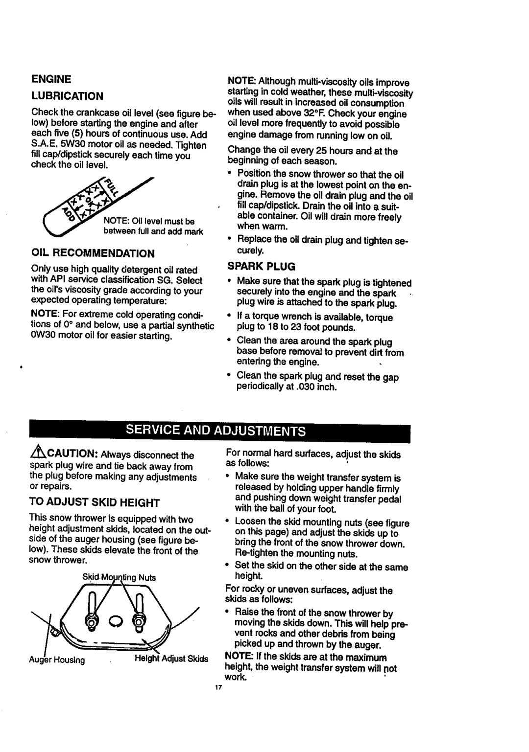 Craftsman 536.8884 manual Engine, OIL Recommendation, To Adjust Skid Height, Spark Plug 