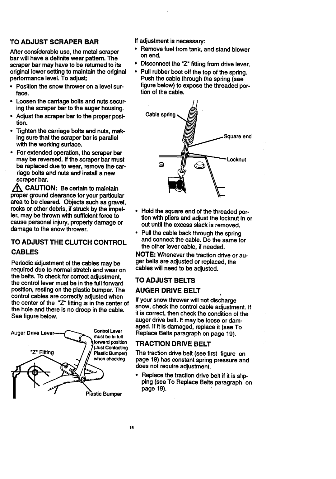 Craftsman 536.8884 manual To Adjust the Clutch Control Cables, To Adjust Scraper BAR, To Adjust Belts Auger Drive Belt 