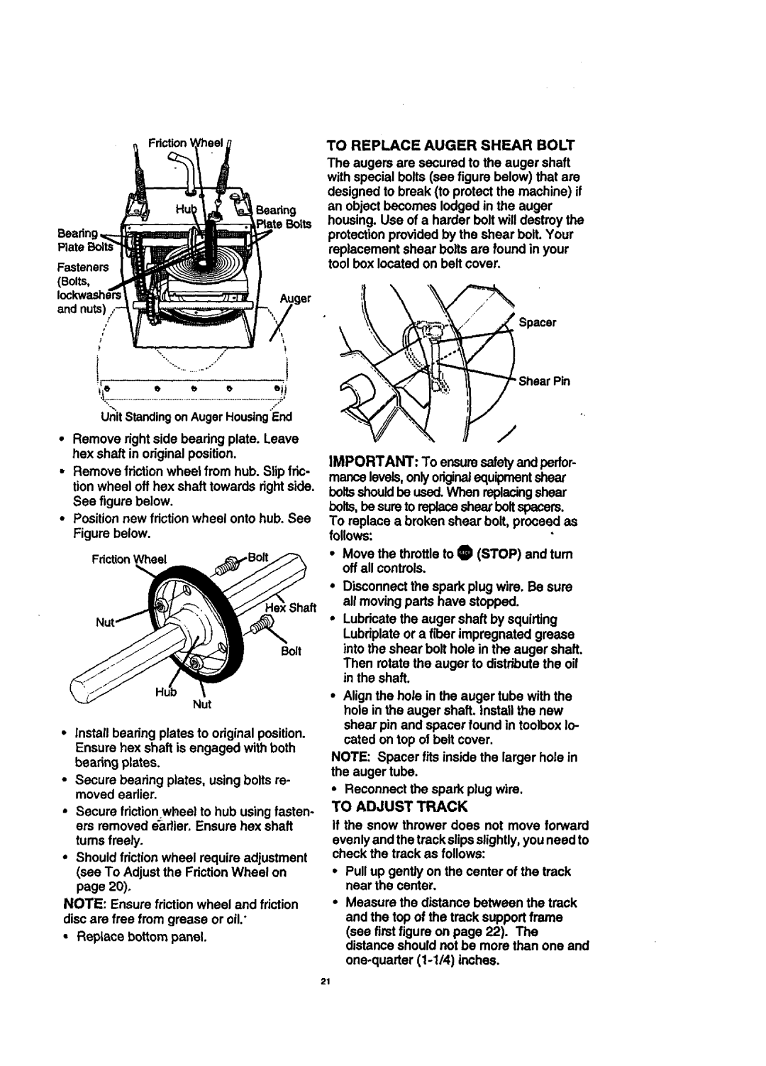 Craftsman 536.8884 manual To Replace Auger Shear Bolt, To Adjust Track 