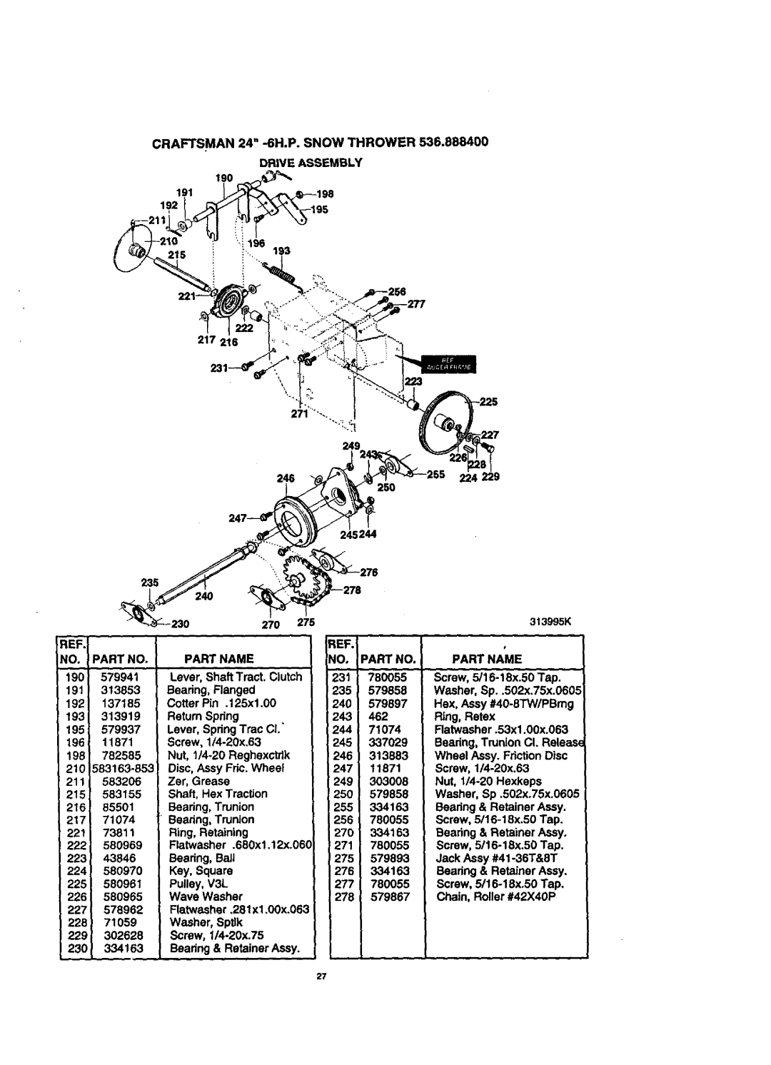 Craftsman 536.8884 manual Craftsman 24 -6H.P.SNOW Thrower Drive Assembly, Hex, Assy #40-STW/PBmg 